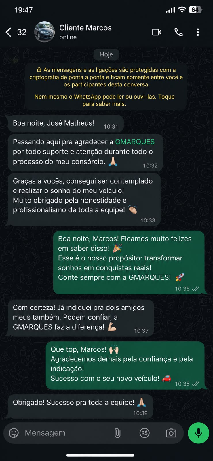 Print de conversa com Cliente Marcos